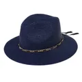 Deep blue foldable Panama straw hat with a gold chain decoration and tassels - 56-58cm / With Metal Chain and Tassel / Navy Blue