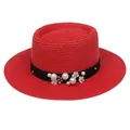 Red straw boater hat for women featuring black ribbon with pearls and flower accents - 56-58cm / Pearl Flower Decoration (316M) / Red