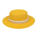 Gelber Strohhut für Damen mit flacher Krone, eleganten Perlen und goldener Kette verziert - Einheitsgröße(56-58cm) / Perlen-Goldkettchen-Band (311A-Gelb)