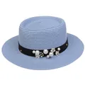 Light blue boater straw hat featuring elegant pearl and white flower ornaments - 56-58cm / Pearl Flower Decoration (316N) / Sky Blue