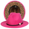 Cappello Fedora rosso rosa con nastro nero intrecciato e fodera leopardata - Taglia unica(56-58cm) / Rosa Rosso (236-H)