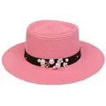 Pink straw boater hat featuring black ribbon with pearl and floral decorations - 56-58cm / Pearl Flower Decoration (316O) / Dusty Pink