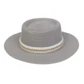 Eleganter grauer Strohhut mit weißem Kunstperlen- und Goldketten-Dekorband für Damen - Einheitsgröße(56-58cm) / Perlen-Goldkettchen-Band (311C-Grau)