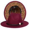 Cappello fedora bordeaux con fodera leopardata alla moda e nastro decorativo con cuore - Taglia unica(56-58cm) / Rosso Vino (236-I)