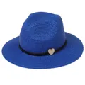 Royal blue wide brim straw Panama hat with black band and wooden heart charm - 56-58cm / With Woven Rope and Wooden Heart / Sapphire Blue