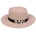Pink straw boater hat for women featuring black ribbon with pearl and floral accents - 56-58cm / Pearl Flower Decoration (316P) / Light Pink