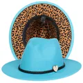 Cappello fedora blu Tiffany con fodera leopardata e dettaglio pendente a cuore - Taglia unica(56-58cm) / Azzurro (236-J)