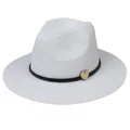 Classic white straw panama hat with black braided band and heart wooden charm - 56-58cm / With Woven Rope and Wooden Heart / White