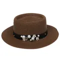 Deep brown straw boater hat featuring elegant pearl and white flower ribbon trim - 56-58cm / Pearl Flower Decoration (316Q) / Brown