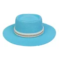 Hellblauer Boater Strohhut für Damen mit eleganter Perlenverzierung und Goldkette - Einheitsgröße(56-58cm) / Perlen-Goldkettchen-Band (311E-See-Blau)