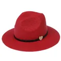 Foldable red straw Panama hat with black braided band and wooden heart charm - 56-58cm / With Woven Rope and Wooden Heart / Red