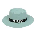 Mint green woven boater hat with black ribbon, pearl accents, and white flower detail - 56-58cm / Pearl Flower Decoration (316R) / Mint Green