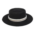 Eleganter schwarzer Strohhut für Damen mit dekorativem Perlen- und Goldkettenband - Einheitsgröße(56-58cm) / Perlen-Goldkettchen-Band (311F-Schwarz)