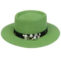 Green boater straw hat featuring a black band with pearl and floral decorations - 56-58cm / Pearl Flower Decoration (316S) / Fruit Green