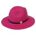 Summer Panama straw hat in rose red with black band and small heart charm accent - 56-58cm / With Woven Rope and Wooden Heart / Rose Red