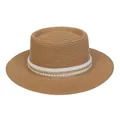 Eleganter Strohhut in Naturfarben mit doppelter Perlenreihe und goldener Kette verziert - Einheitsgröße(56-58cm) / Perlen-Goldkettchen-Band (311H-Khaki)