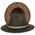 Cappello fedora verde scuro con tesa leopardata e raffinato nastro di perle di lusso - Taglia unica(56-58cm) / Verde Militare (238-C)