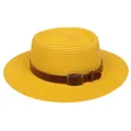 Stylish yellow straw boater hat for women with brown belt buckle band decoration - 56-58cm / Leather Belt Decoration (317A) / Yellow