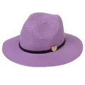 Purple straw Panama hat with black decorative band and wooden heart detail - 56-58cm / With Woven Rope and Wooden Heart / Purple