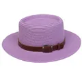 Purple flat top straw hat with a brown leather belt buckle for summer beach outings - 56-58cm / Leather Belt Decoration (317B) / Purple