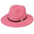 Foldable pink Panama straw hat with black woven band and wooden heart charm - 56-58cm / With Woven Rope and Wooden Heart / Pink