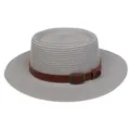 Flat top light grey woven straw sun hat with decorative brown faux leather buckle band - 56-58cm / Leather Belt Decoration (317C) / Gray