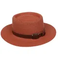 Women's dark brick red flat top straw sun hat with woven texture and leather band - 56-58cm / Leather Belt Decoration (317D) / Caramel color