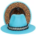 Cappello fedora blu lago con nastro di perle e fodera leopardata a contrasto - Taglia unica(56-58cm) / Azzurro (238-J)