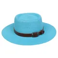 Teal blue boater hat with dark brown faux leather band and metal buckle for women - 56-58cm / Leather Belt Decoration (317E) / Lake Blue