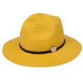 Bright yellow straw Panama hat with black braided band and a small heart charm - 56-58cm / With Woven Rope and Wooden Heart / Yellow