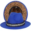 Cappello Fedora blu reale con falda leopardata e nastro di perle in misto cotone - Taglia unica(56-58cm) / Blu (238-K)