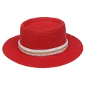 Eleganter roter Strohhut für Damen mit Perlenbesatz und goldener Kette verziert - Einheitsgröße(56-58cm) / Perlen-Goldkettchen-Band (311M-Rot)