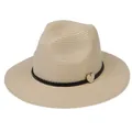 Classic beige woven Panama straw hat with black decorative band and wooden heart charm - 56-58cm / With Woven Rope and Wooden Heart / Beige