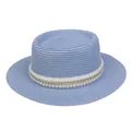 Eleganter hellblauer flacher Strohhut mit weißen Perlen und goldener Kette - Einheitsgröße(56-58cm) / Perlen-Goldkettchen-Band (311N-Himmelblau)