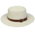 Creamy wide brim straw hat featuring a dark brown leather band and metallic buckle detail - 56-58cm / Leather Belt Decoration (317G) / Cream