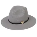 Grey panama straw hat with black braided band and heart-shaped wood accessory - 56-58cm / With Woven Rope and Wooden Heart / Gray