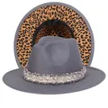Cappello fedora grigio con falda leopardata gialla e nastro di tweed con perle - Taglia unica(56-58cm) / Grigio (240-A)