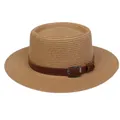 Women's summer boater straw hat featuring a natural weave and dark brown buckled strap - 56-58cm / Leather Belt Decoration (317H) / Khaki