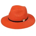 Foldable orange straw fedora hat for women with black woven band and heart charm - 56-58cm / With Woven Rope and Wooden Heart / Orange