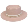 Eleganter rosa Strohhut für Damen mit Perlenbesatz und goldener Kette im Boater-Stil - Einheitsgröße(56-58cm) / Perlen-Goldkettchen-Band (311P-Hellrosa)