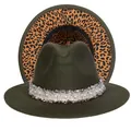 Cappello fedora verde militare con tesa leopardata e fascia di perle e nappe - Taglia unica(56-58cm) / Verde Militare (240-C)