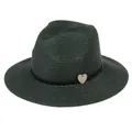 Foldable dark green straw Panama hat with leather band and wooden heart charm - 56-58cm / With Woven Rope and Wooden Heart / Dark Green