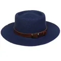 Flat top dark blue straw hat with wide brim and brown leather band decoration - 56-58cm / Leather Belt Decoration (317J) / Navy Blue