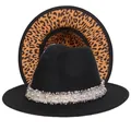 Cappello Fedora nero a tesa larga con stampa leopardata interna e bordo di perle - Taglia unica(56-58cm) / Nero (240-D)