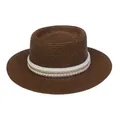 Dunkelbrauner Strohhut mit elegantem Band aus Perlen und goldener Kette - Einheitsgröße(56-58cm) / Perlen-Goldkettchen-Band (311Q-Braun)