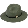 Foldable Panama straw hat in army green with black band and heart charm detail - 56-58cm / With Woven Rope and Wooden Heart / Army Green