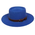 Women's royal blue boater straw hat with dark brown leather band and silver buckle - 56-58cm / Leather Belt Style (317K) / Blue
