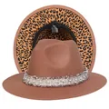 Cappello fedora marrone con tesa leopardata, fascia di perle e nappe rosa boho - Taglia unica(56-58cm) / Cammello (240-E)