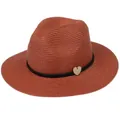 Rust red foldable Panama straw hat with black woven band and heart pendant - 56-58cm / With Woven Rope and Wooden Heart / Caramel color