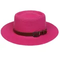 Hot pink boater straw hat with brown faux leather band and metal buckle for women - 56-58cm / Leather Belt Style (317L) / Rose Red